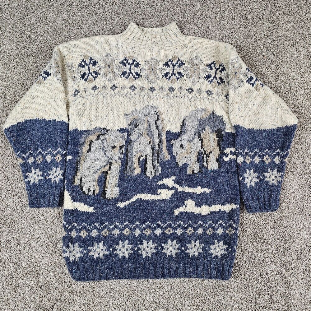 Vintage Polar Bear Sweater Mens Large Wool Blend Mock Neck 80s 90s Pullover Rib